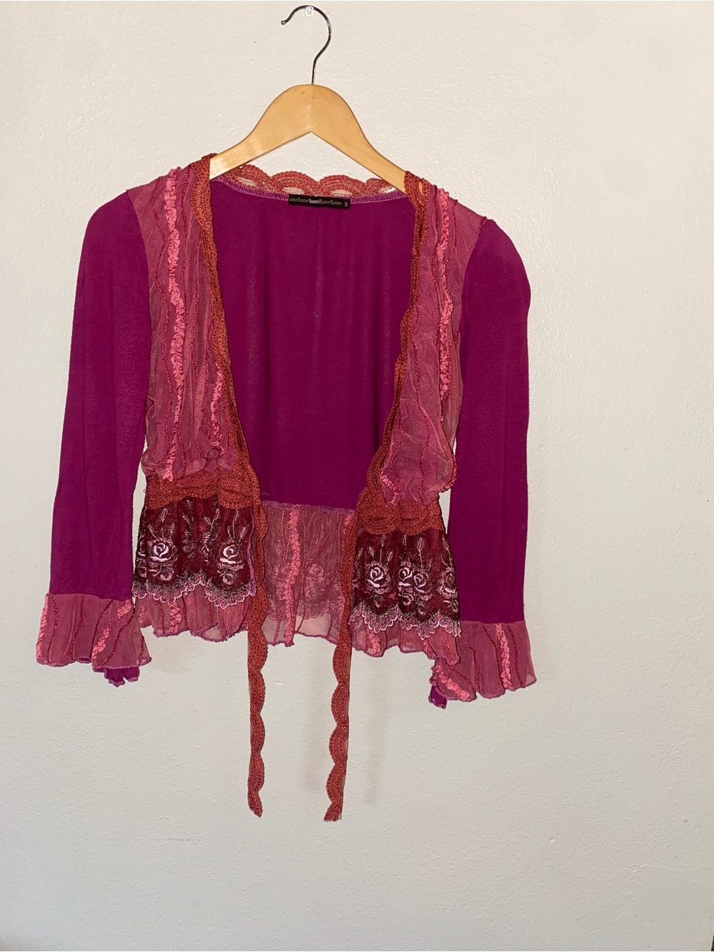 Hazel Romantic Lace Cardigan Boho Embroidered Tie Front Bell Sleeve Top S